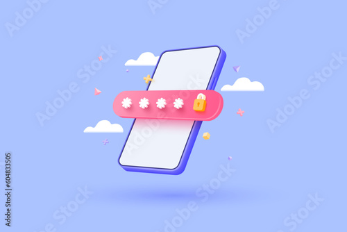 3d cartoon password verification. Password authentication concept. Login process. Authorized user. 3d Vector illustration.
