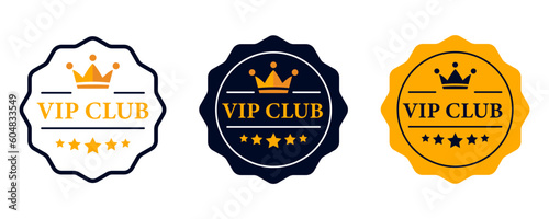 Vip club label, badge or tag. Vip club icons with crown and stars. Round label with three vip level in gold, silver and bronze color. Premium membership icon. Modern vector illustration photo