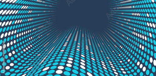 Blue dots in 3D perspective vector abstract background, multimedia internet information theme, wave stream of science technology or business blank template for ads.