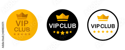 Vip club label, badge or tag. Vip club icons with crown and stars. Round label with three vip level in gold, silver and bronze color. Premium membership icon. Modern vector illustration
