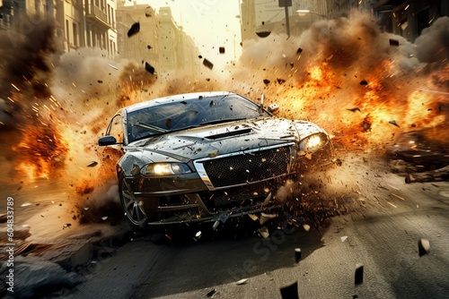 Print op canvas Action-packed image of secret agent engaged in a thrilling car chase, with explosions and debris in the background, highlighting the adrenaline-fueled nature of his missions