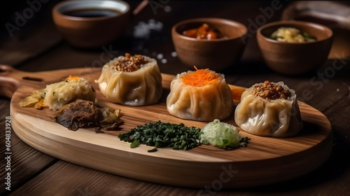 Chinese dumplings on a wooden plate ,generative ai