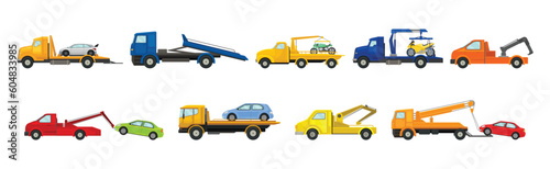 Tow Truck or Wrecker as Lorry Moving Disabled or Improperly Parked Motor Vehicle Vector Set