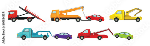 Tow Truck or Wrecker as Lorry Moving Disabled or Improperly Parked Motor Vehicle Vector Set