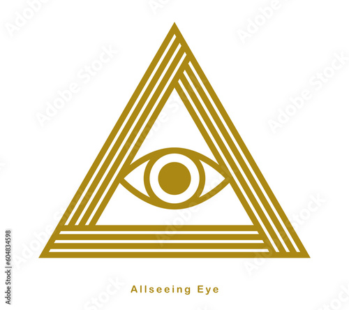 All seeing eye in triangle pyramid vector ancient symbol in modern linear style isolated on white, eye of god, masonic sign, secret knowledge illuminati.