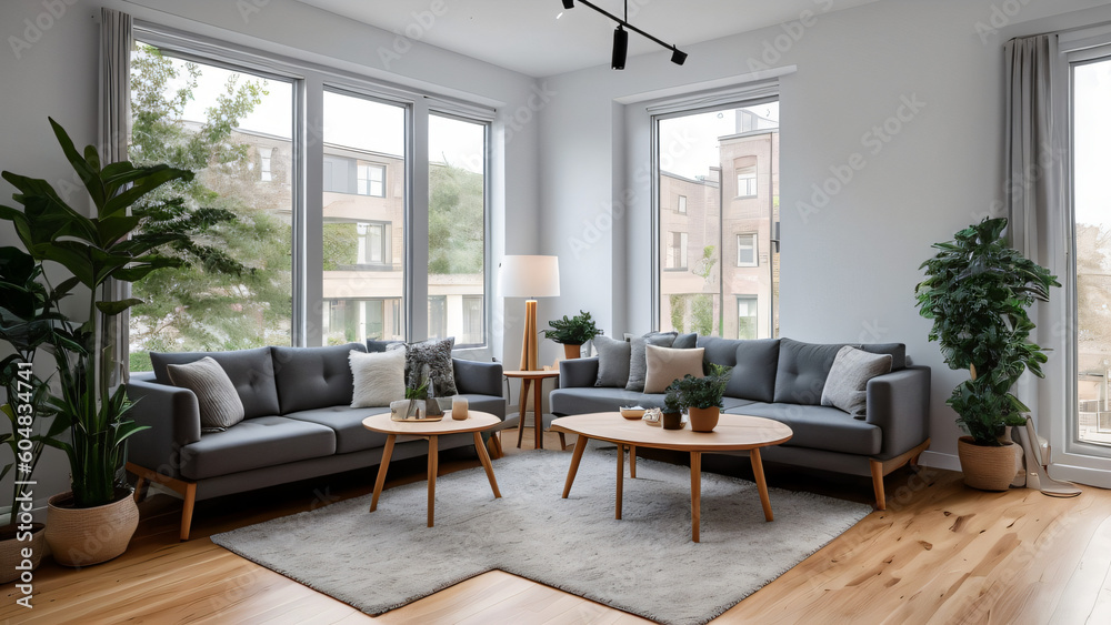 Stylish modern living room bright interior perfect for product background contains grey sofa, lamp, table, wooden floor