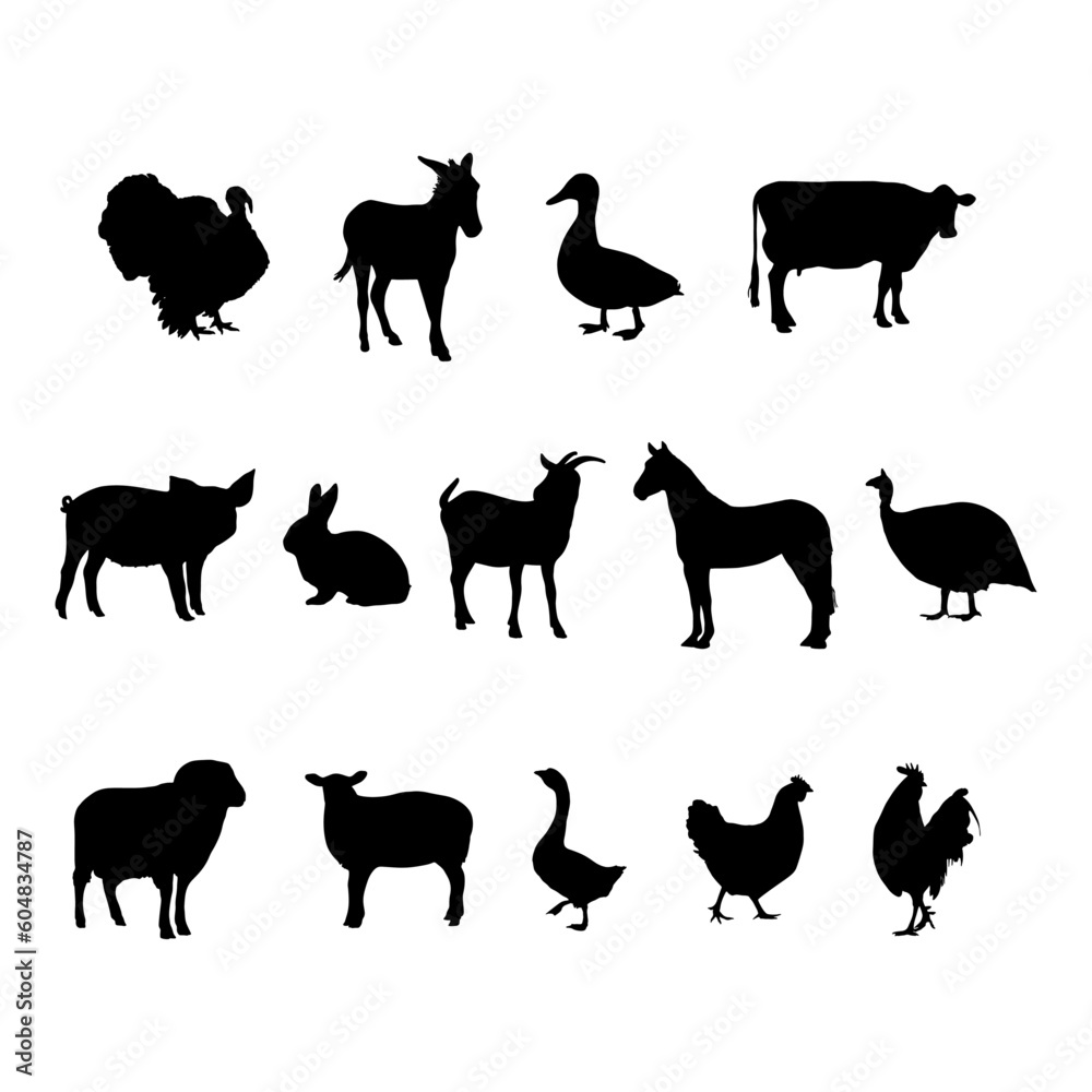Collection with fonsiluet rural animals on white background. Rural nature background. Vector collection. Vector summer illustration. Vector illustration design. Agriculture background. Collection with fonsiluet rural animals on white background. Rural nature background. Vector collection. Vector summer illustration. Vector illustration design. Agriculture background.