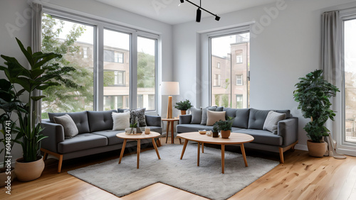 Stylish modern living room bright interior perfect for product background contains grey sofa  lamp  table  wooden floor