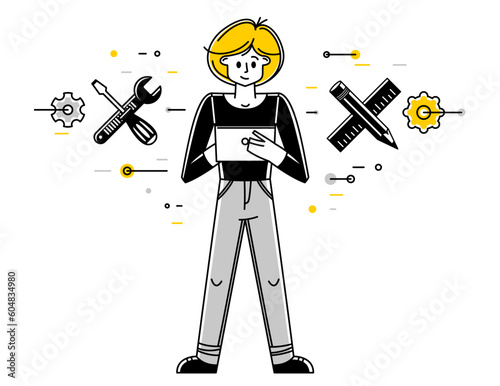 Engineer working on a project, mechanic specialist doing his job on draft plan vector outline illustration, creative inventor, machine repair.