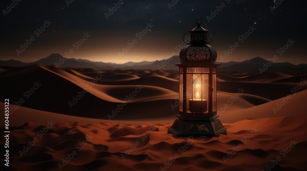 Ramadan scene in desert with lantern at night Ramadan scene in desert with lantern at night
