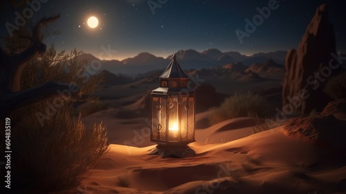 Ramadan scene in desert with lantern at night
