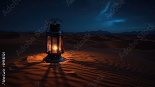 Ramadan scene in desert with lantern at night