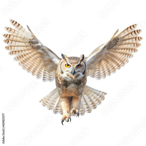 flying great horned owl isolated on white