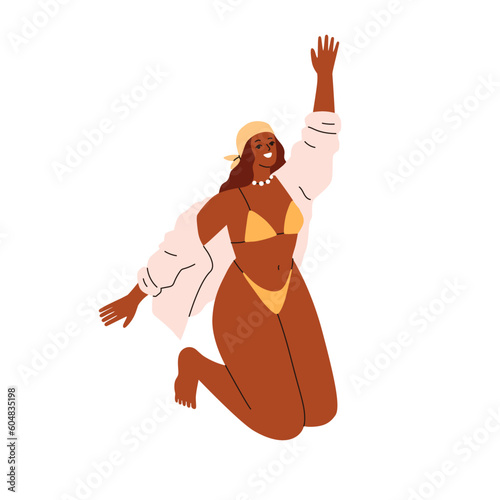 Happy girl in bikini jumping up, rejoicing summer holiday, vacation. Excited joyful smiling young woman in swimwear, bathing suit and bandana. Flat vector illustration isolated on white background