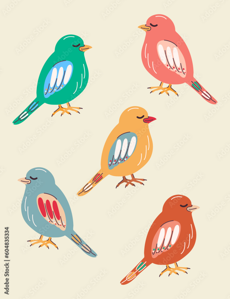 Naklejka premium Set of birds in modern style. Doodle. hand drawn. Bright and trendy design. Feathered. Nest. Vector stock illustration. Isolated. Flat style