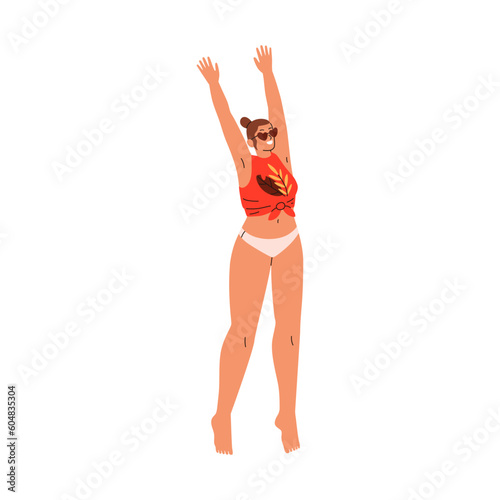 Happy excited girl jumping up, exulting. Young joyful woman in sunglasses rejoicing summer holiday, beach vacation with joy emotion, expression. Flat vector illustration isolated on white background