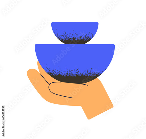 Hand holding geometric shapes, semi-circles. Abstract creative element. Balance, harmony, equilibrium, stability and peace concept. Flat graphic vector illustration isolated on white background