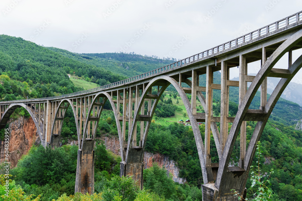 The old bridge between the mountain river. Against the background of mountain peaks in summer.