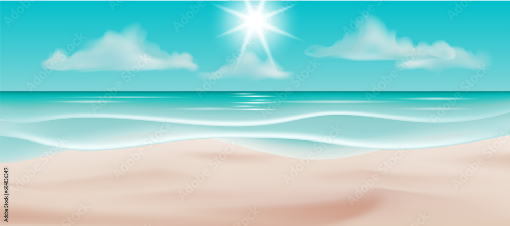 Vector illustration of a beautiful tropical seascape with a white sandy beach, blue ocean, and a clear sky. Perfect for travel and vacation designs, wallpapers, and backdrops for parties and events