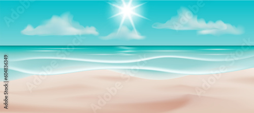 Vector illustration of a beautiful tropical seascape with a white sandy beach, blue ocean, and a clear sky. Perfect for travel and vacation designs, wallpapers, and backdrops for parties and events