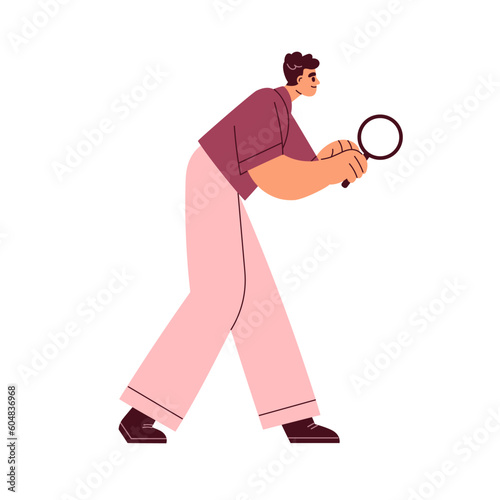 Person searching, analyzing, examining with magnifying glass. Research, inspe...