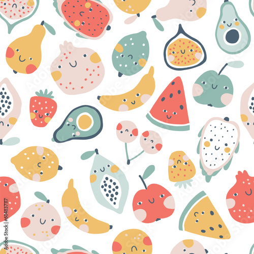 Tropical fruits seamless pattern. Vector cartoon colorful background with cute smiling fruit characters in simple hand-drawn style. Pastel trendy colors on a white background. Ideal for kids.