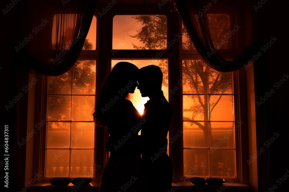 Fototapeta premium Silhouette of a couple in an intimate embrace against a window, evoking the passion and forbidden desires portrayed in the story. Generative AI