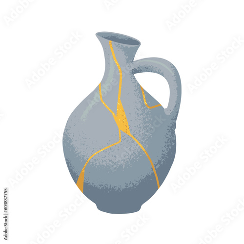 Jug, Kintsugi ceramic style. Chinese oriental pitcher with golden lines, antique eastern technique. Reborn repaired saved pottery, vessel. Flat graphic vector illustration isolated on white background