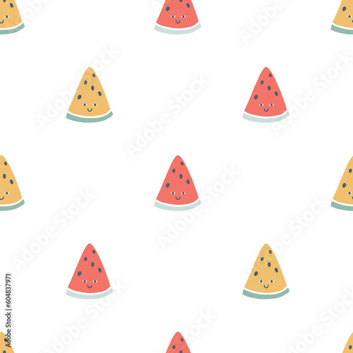 Triangle watermelon character seamless pattern with smiley face. Hand-drawn cartoon doodle in simple naive style. Vector illustrations in a pastel palette for kids. cute fruit on a white background.