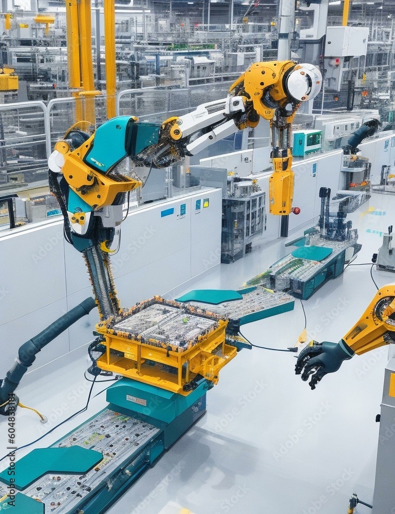 A futuristic robot arm assembling electronic components in a high-tech factory