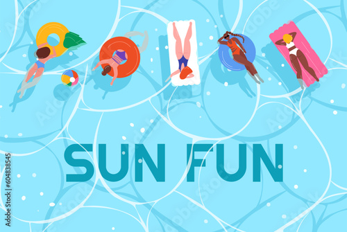 Diverse women swimming on inflatable rings and mattresses. Girls in bikini relaxing on blue water surface, top view. Swimming pool party, sun fun. Vector illustration