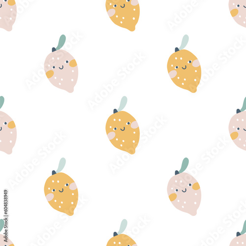 Lemon character seamless pattern with smiley face. Hand-drawn cartoon doodle in simple naive style. Vector illustrations in a pastel palette for kids. Isolate cute fruit on a white background.