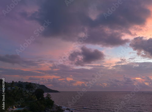 aerial view scene romantic sunset at Kata Noi beach Phuket. .abstract colorful clouds Sky texture in nature background..Sunset with bright colorful light rays and other atmospheric effects..