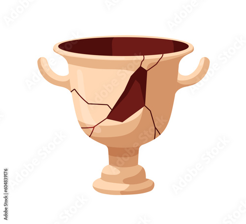 Broken pottery with fractures and clefts. Old antique clay pot. Archeology earthenware, cracked crock with holes, splits. Damaged crockery. Flat vector illustration isolated on white background