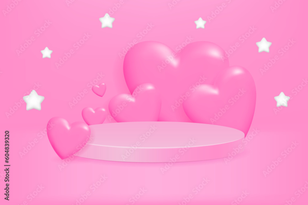 Modern, minimal 3D vector illustration of a pink backdrop with a  pedestal, and 3d hearts perfect for celebrating anniversaries, honeymoons, Valentine's Day, and weddings. Ideal for flyers, banners