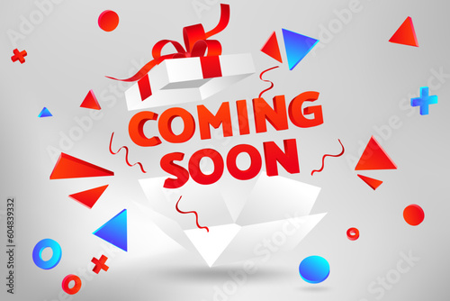 Modern 3D Vector Illustration of a Open Gift Box with Ribbon Bow for Promotional Advertisement, Coming Soon Banner Template, Glitter Decoration and Red Explosion. Surprise Present opening. Geometric 
