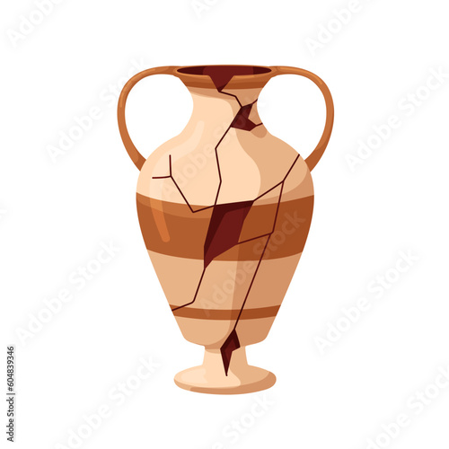 Broken ancient amphora with fractures and fissures. Antique old clay pot with...