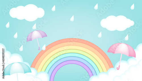 Bright and colorful kids vector 3d illustration of a rainy day with a clouds, rainbow, raindrops, umbrellas. For advertising, weather banners, coupons, flyers, posters, promotions and monsoon season
