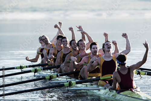 Fototapeta Rowing team celebrating in scull on lake