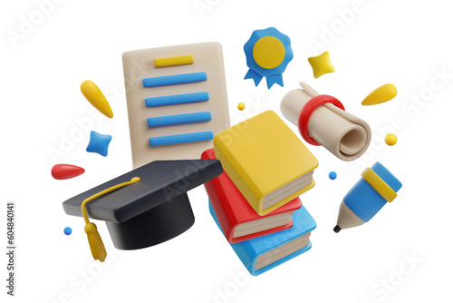 College graduation objects in cute 3d style, vector illustration isolated on white background.