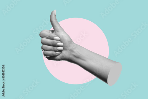 Digital collage modern art. Hand show thumb up hand sign