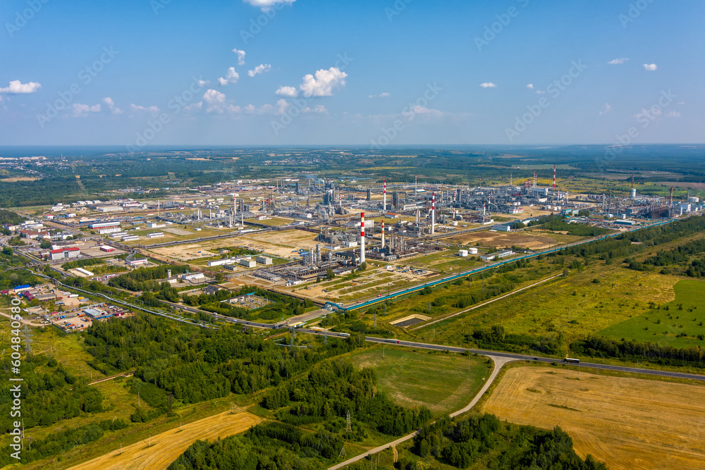 Kstovo, Nizhny Novgorod region, Russia. Oil refinery on the M7 Volga highway. Southern Bypass of Nizhny Novgorod. Aerial view