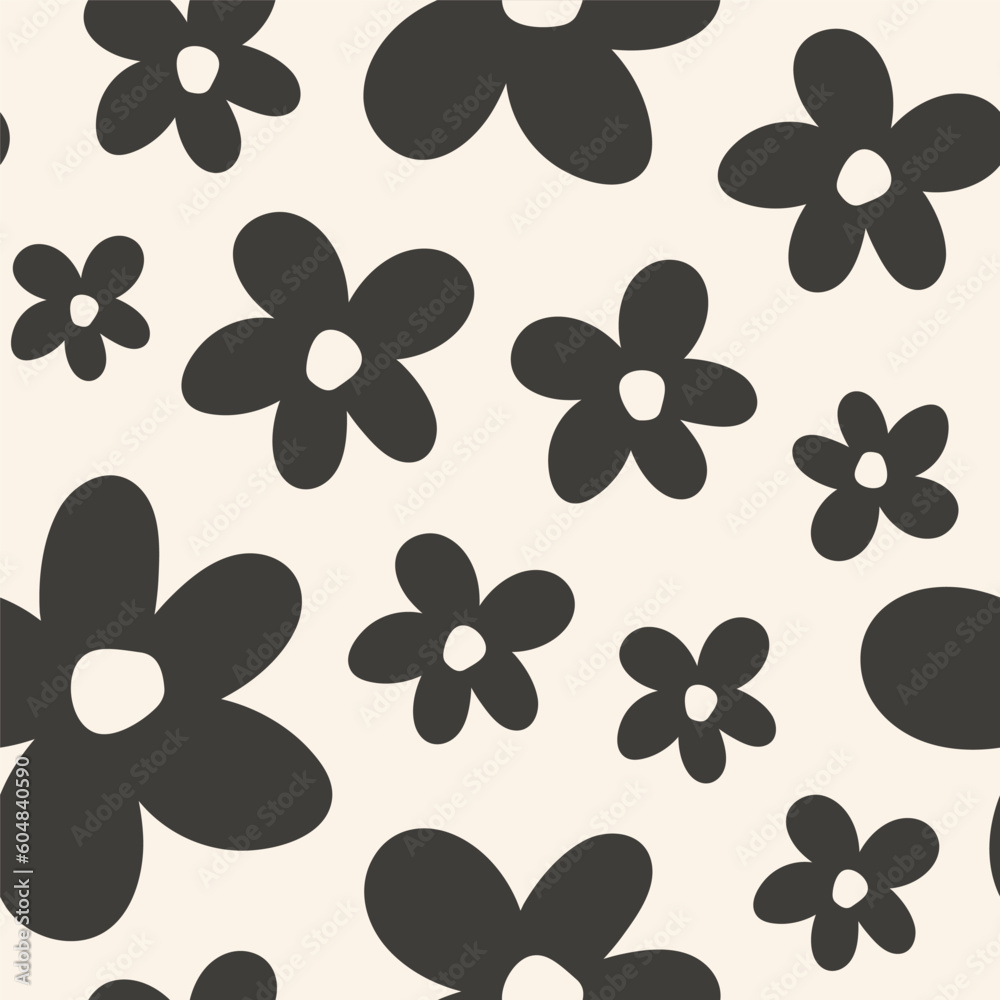 Fototapeta premium Seamless pattern with retro black flowers and beige background