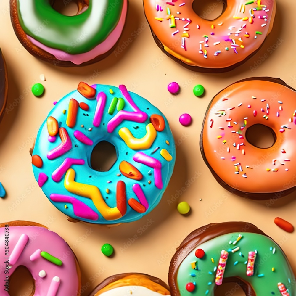 Donuts colorful. Mix of multicolored donuts with sprinkles on brown background. Wallpaper. Ai generative.