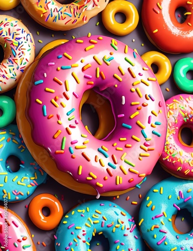 Donuts colorful. Mix of multicolored donuts with sprinkles on grey background. Wallpaper. Ai generative.
