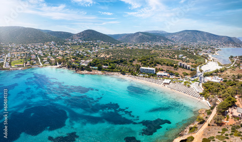 Aerial view of the beautiful bay of Avlaki at Porto Rafti, Attica, Greece, with turquoise sea and sand beaches