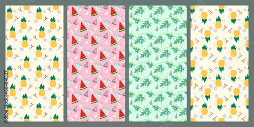 Set of watermelon and pineapple seamless pattern. Fruit pattern. Summer pattern. Patterns for textiles or for covers. Wallpapers.