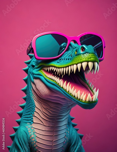 Portrait of a fun fashion dinosaur in neon light in pink magenta and cyan blue tones. Futuristic, cyberpunk or hipster in fluorescent sunglasses. generative ai © Pictures Paradise