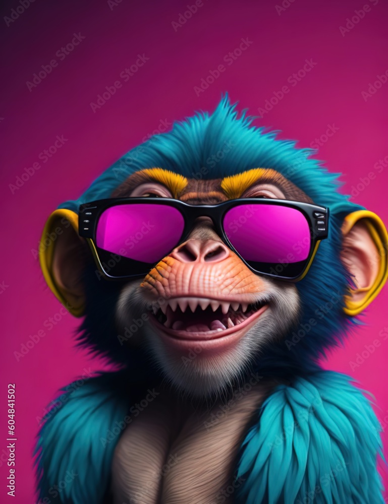 Portrait of a fun fashion monkey in neon light in pink magenta and cyan blue tones. Futuristic, cyberpunk or hipster in fluorescent sunglasses. generative ai