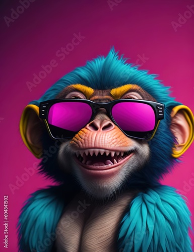 Portrait of a fun fashion monkey in neon light in pink magenta and cyan blue tones. Futuristic, cyberpunk or hipster in fluorescent sunglasses. generative ai © Pictures Paradise
